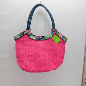 Vera Bradley Hot Pink Straw Bucket Tote Petal Paisley Shoulder Purse - New